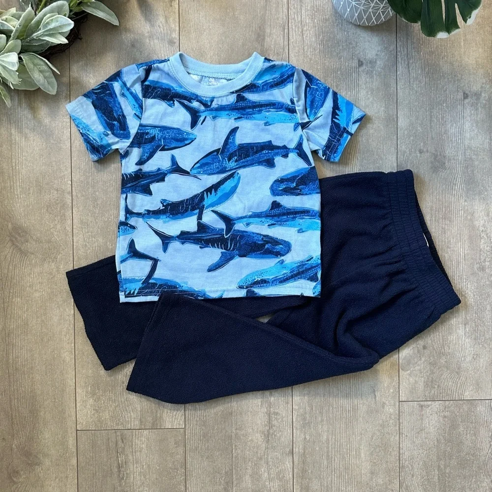 Toddler Boy Clothes Outfit Blue Shark T-Shirt + Fleece Pants Set Carters & Place